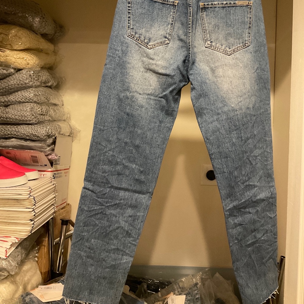 🆕Med Dark Blue Pearl Embellished Boho Distressed Ripped Knee Straight Leg Jeans - Picture 5 of 9